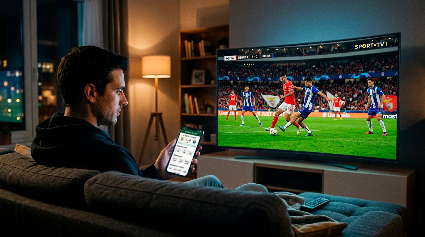 Pessoa a acompanhar apostas ao vivo num ecrã com jogo de futebol em direto