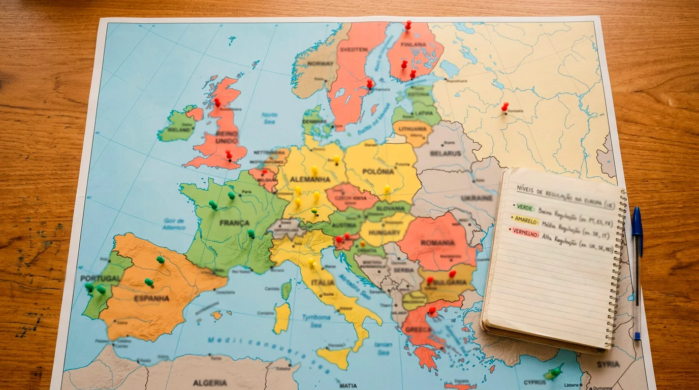 Mapa da Europa com diferentes cores representando o estado da regulação de apostas cripto