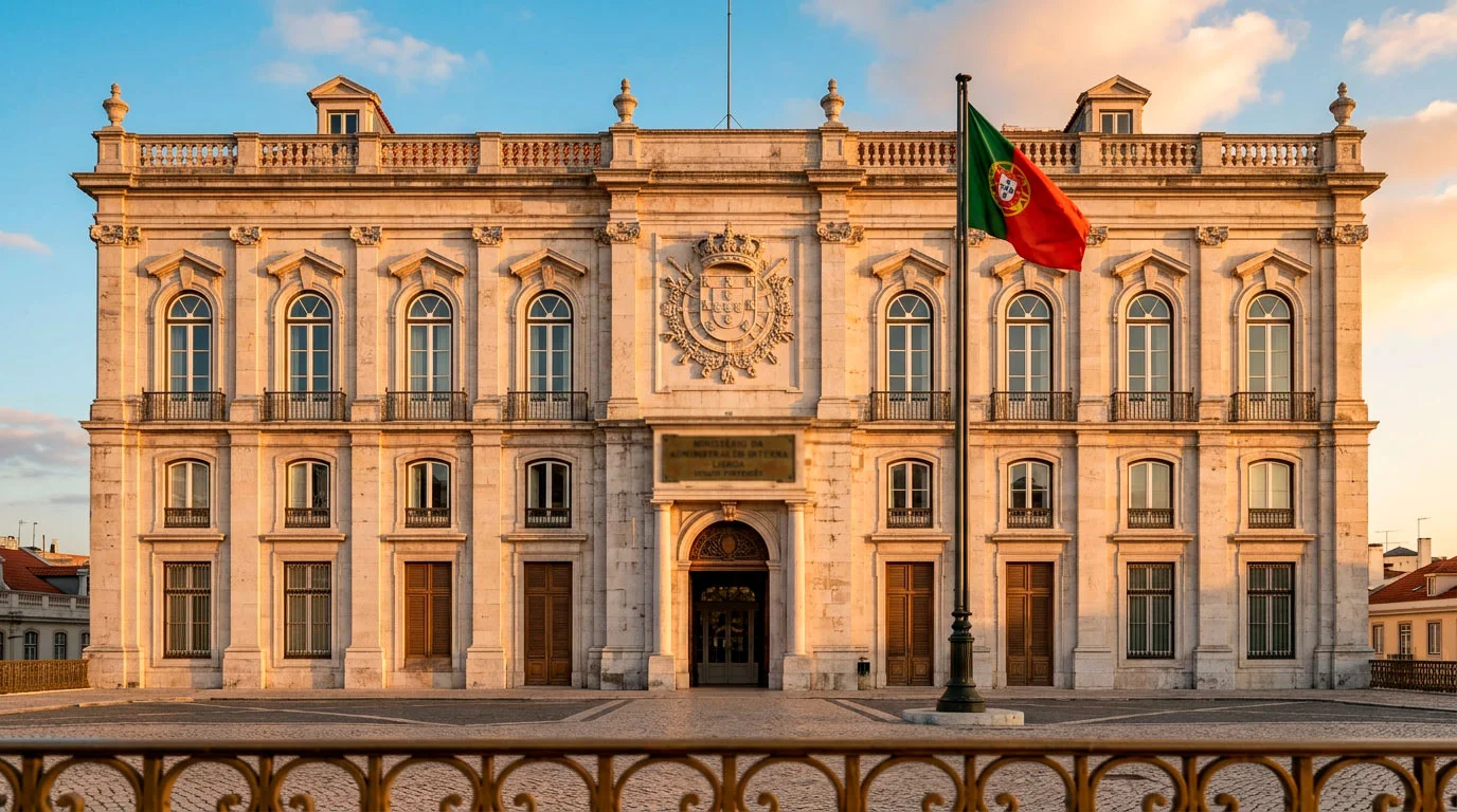 Edifício institucional português com bandeira nacional representando a regulação do jogo