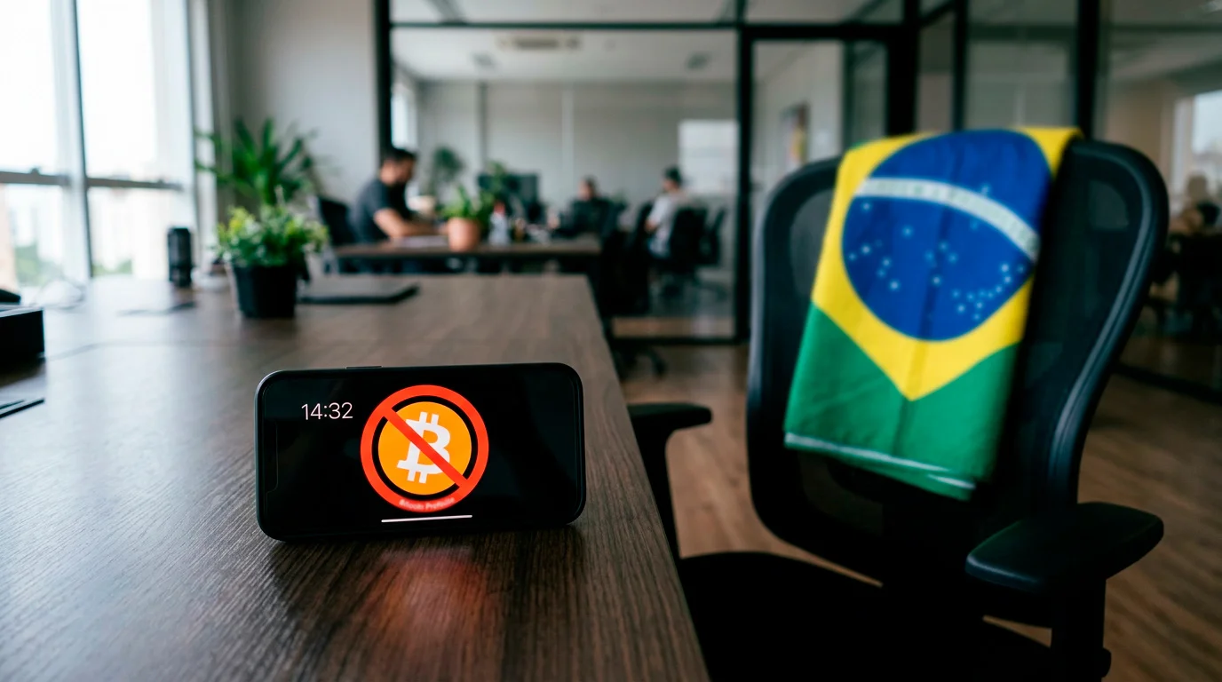Bandeira do Brasil com símbolo de Bitcoin barrado representando a proibição de cripto em apostas