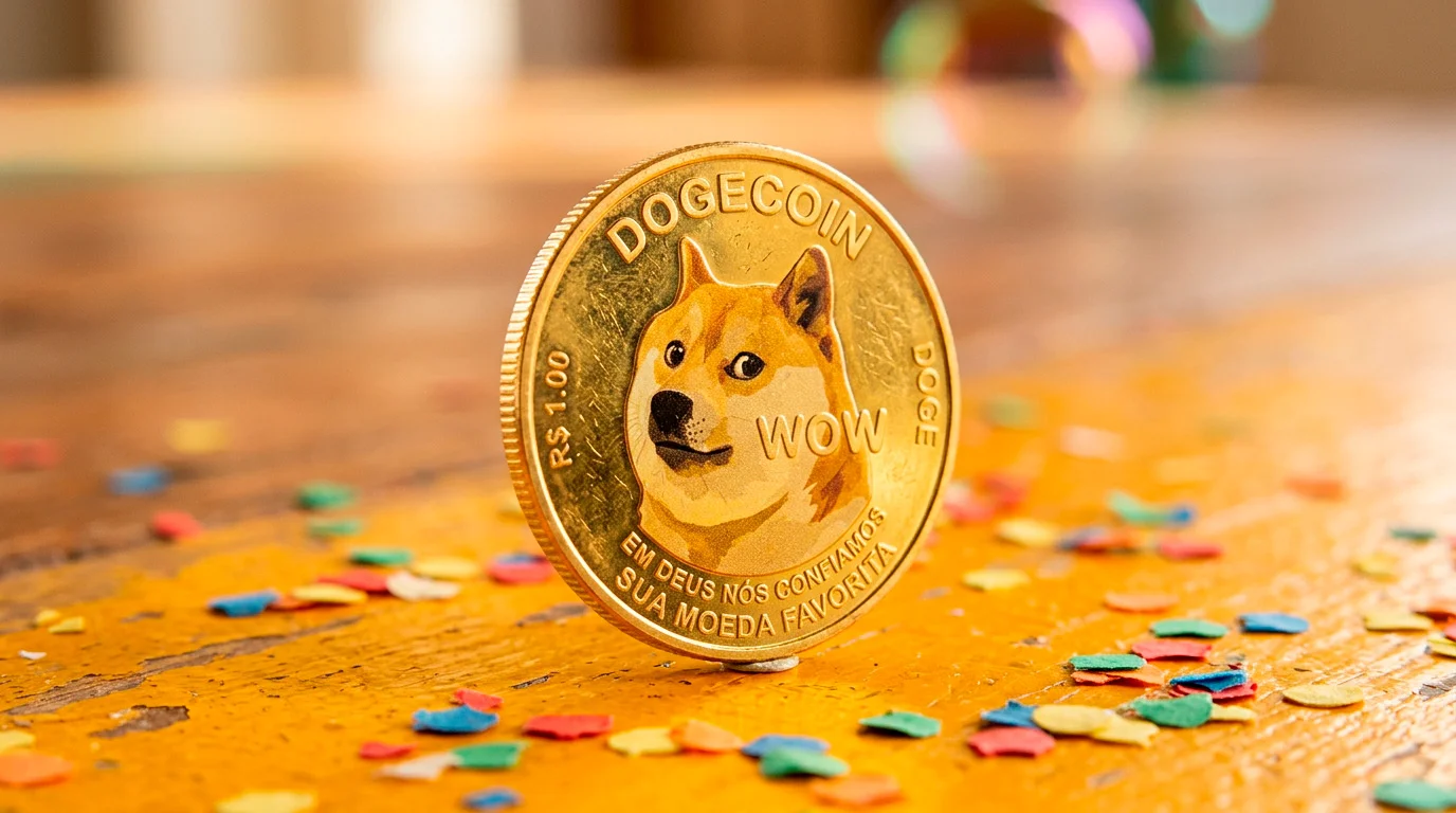 Moeda Dogecoin dourada com expressão divertida sobre fundo vibrante