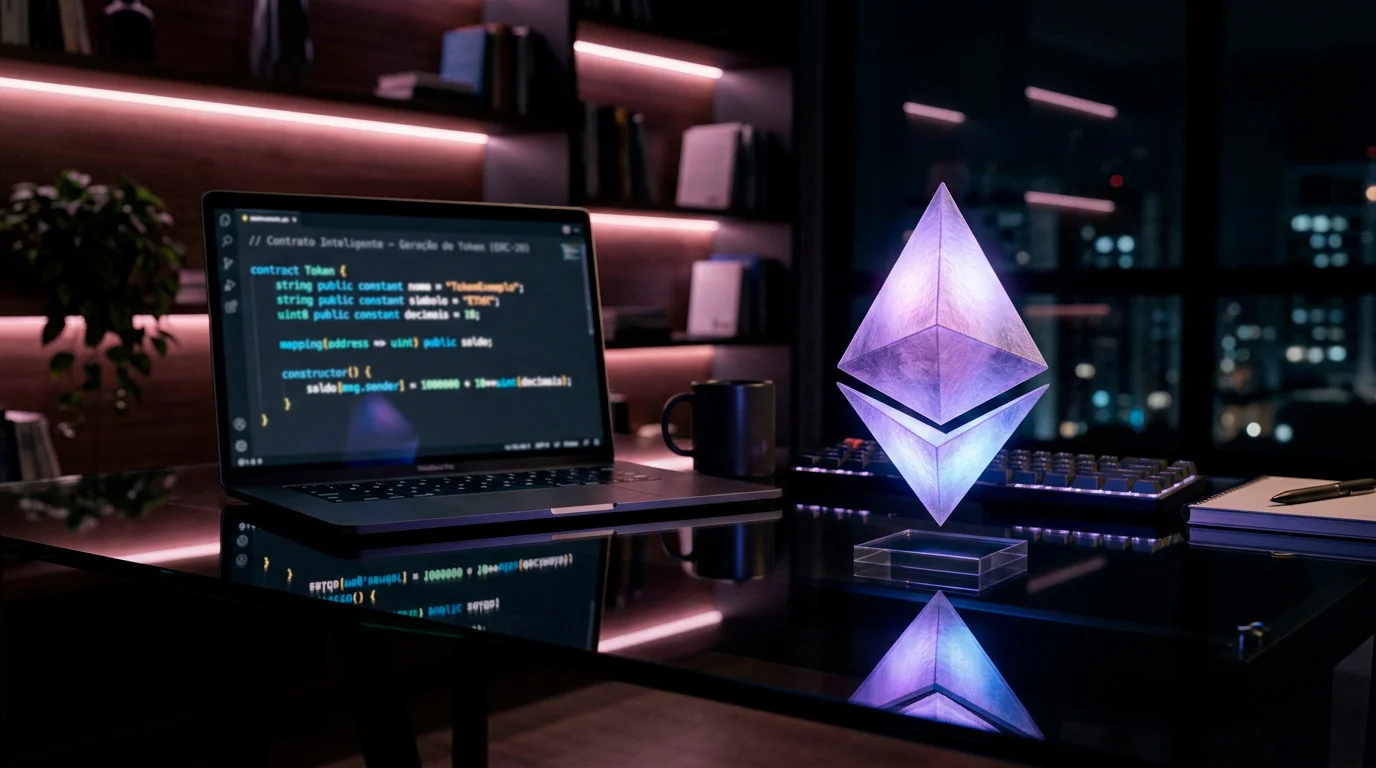 Símbolo do Ethereum iluminado sobre fundo tecnológico representando smart contracts