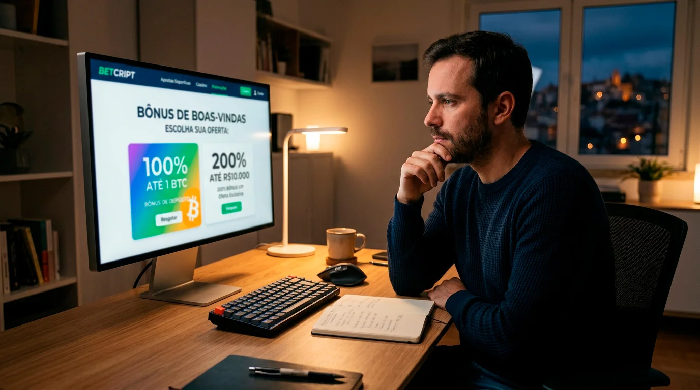 Ecrã de computador com oferta de bónus numa casa de apostas cripto