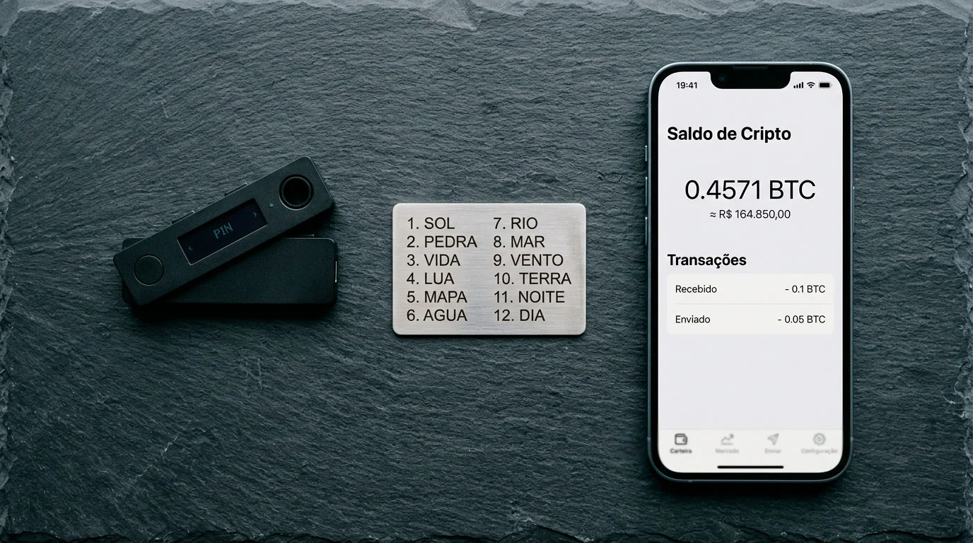 Carteira hardware Ledger ao lado de um smartphone com aplicação de carteira cripto