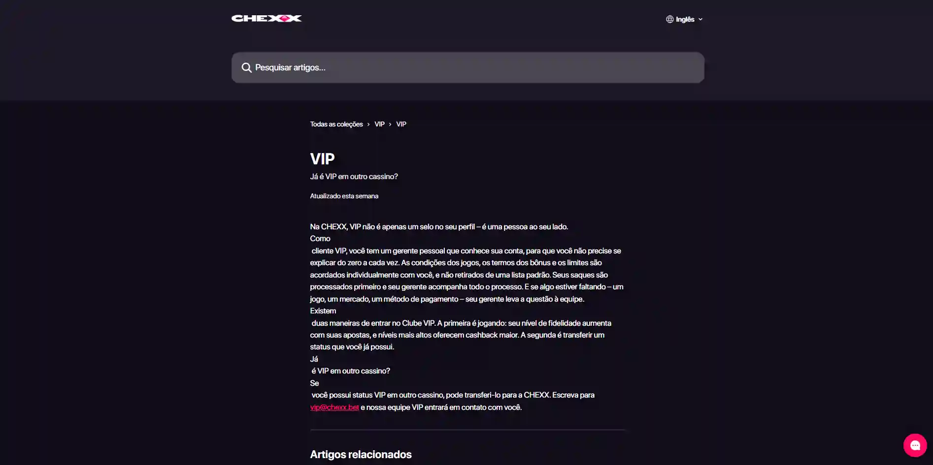 Área VIP CHEXX com cashback semanal, recarga diária e benefícios do programa