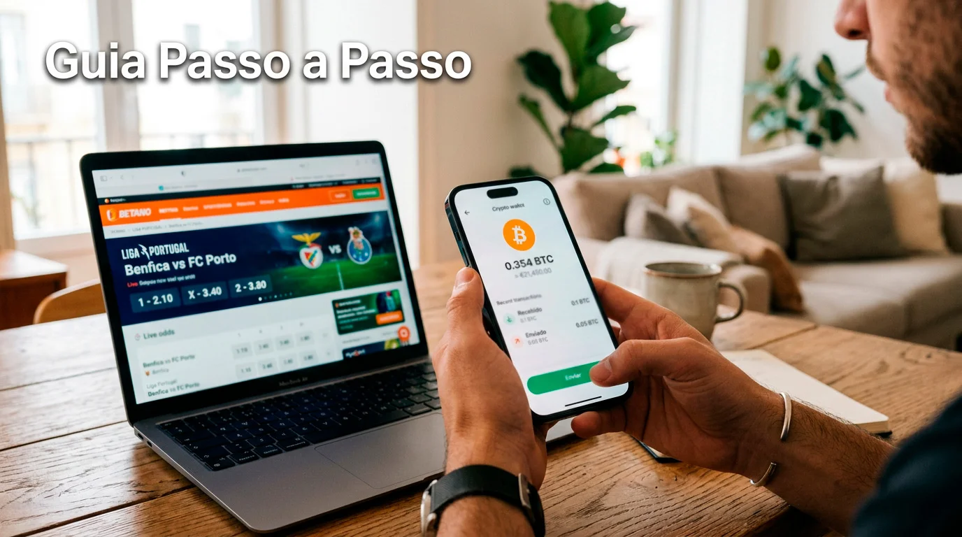 Pessoa a configurar uma carteira de criptomoedas no telemóvel para fazer a primeira aposta online