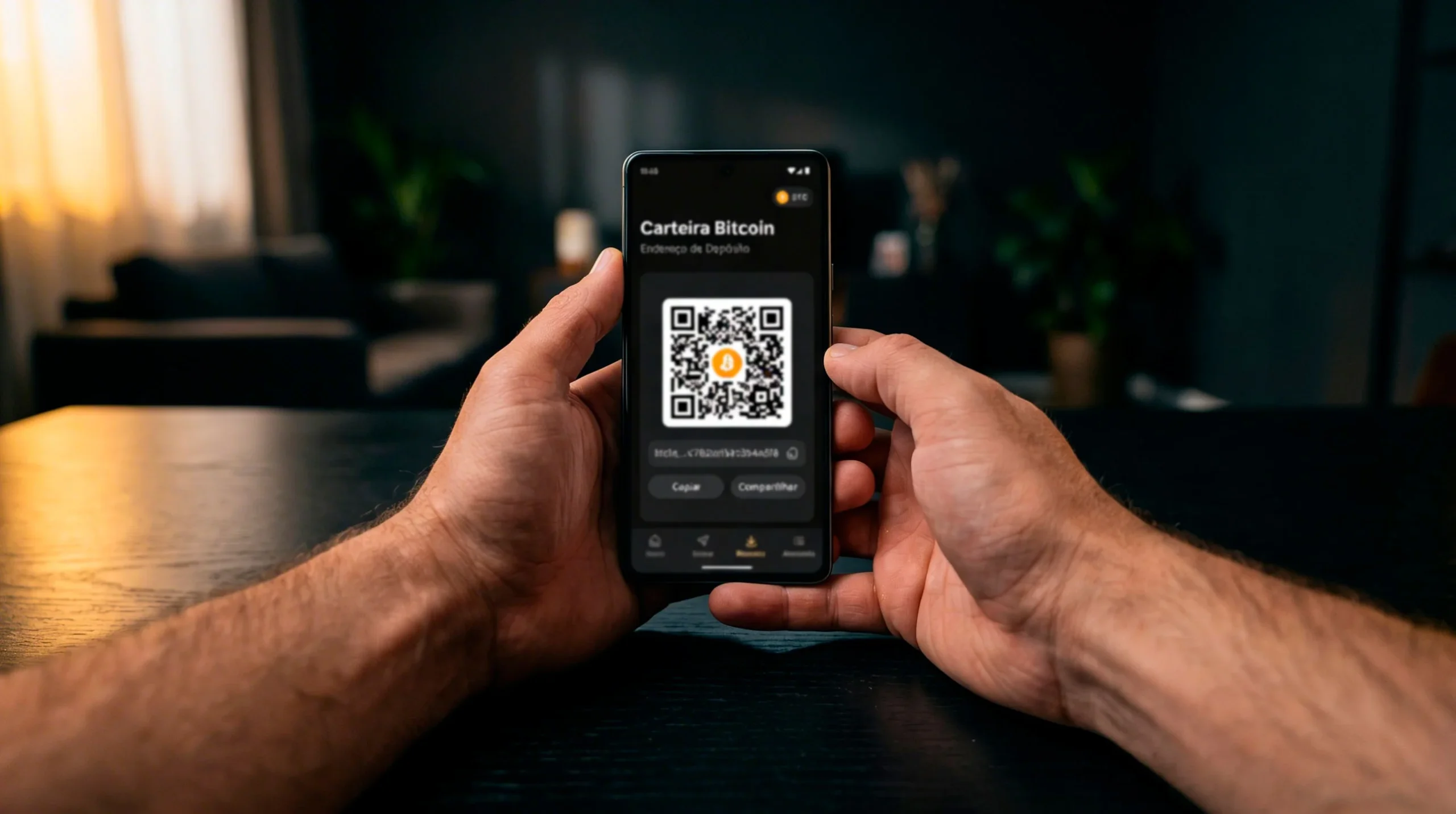 Mãos a segurar um smartphone com carteira Bitcoin pronta para depósito numa casa de apostas