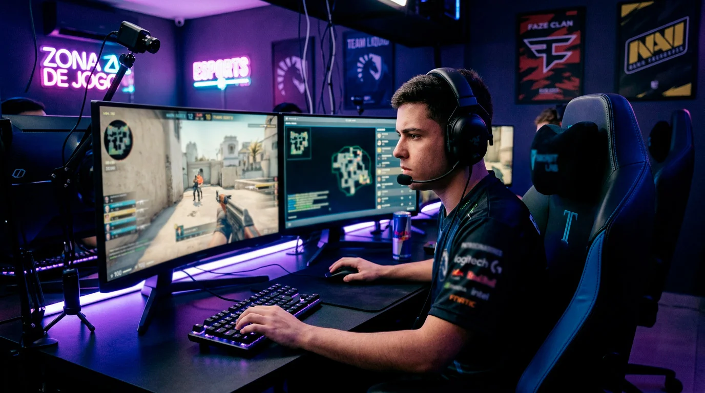 Jogador de eSports com headset em frente a monitores de competição gaming