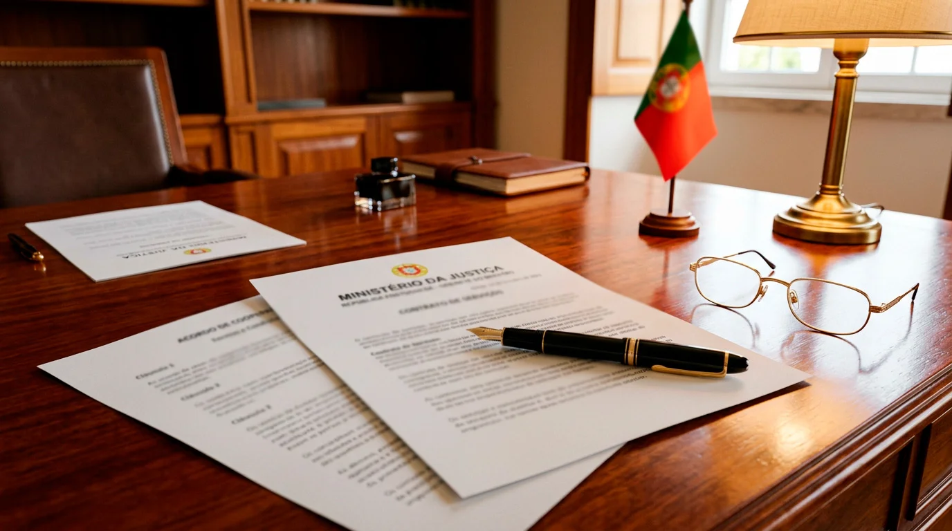 Documento fiscal português sobre mesa com bandeira de Portugal ao fundo