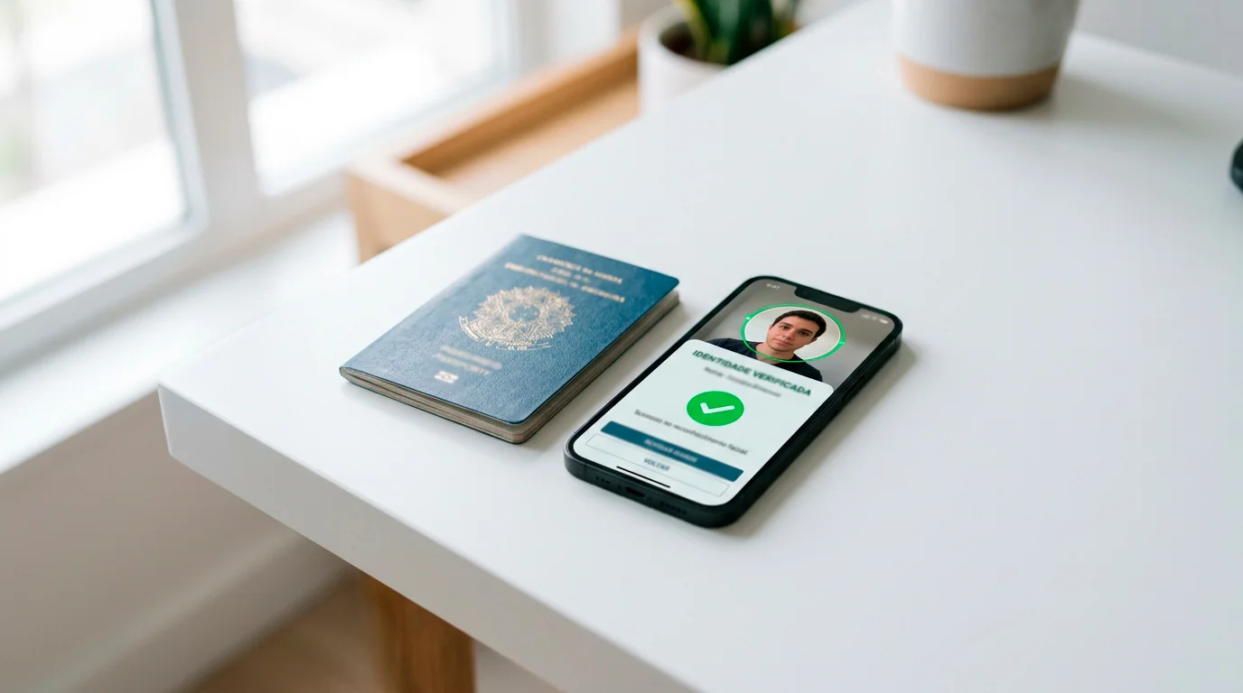Documento de identificação sobre mesa ao lado de um smartphone com verificação KYC