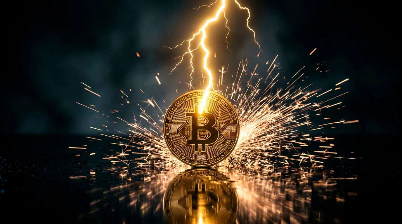 Relâmpago dourado sobre moeda Bitcoin representando a velocidade da Lightning Network