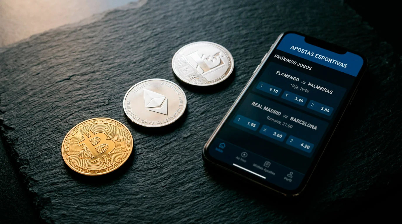 Moedas fisicas de Bitcoin, Ethereum e Litecoin dispostas sobre uma mesa ao lado de um telemovel com aplicacao de apostas