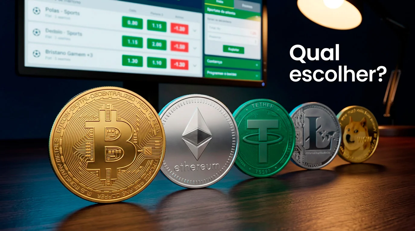 Moedas físicas de Bitcoin, Ethereum e Tether sobre uma mesa junto a um ecrã com odds de apostas desportivas