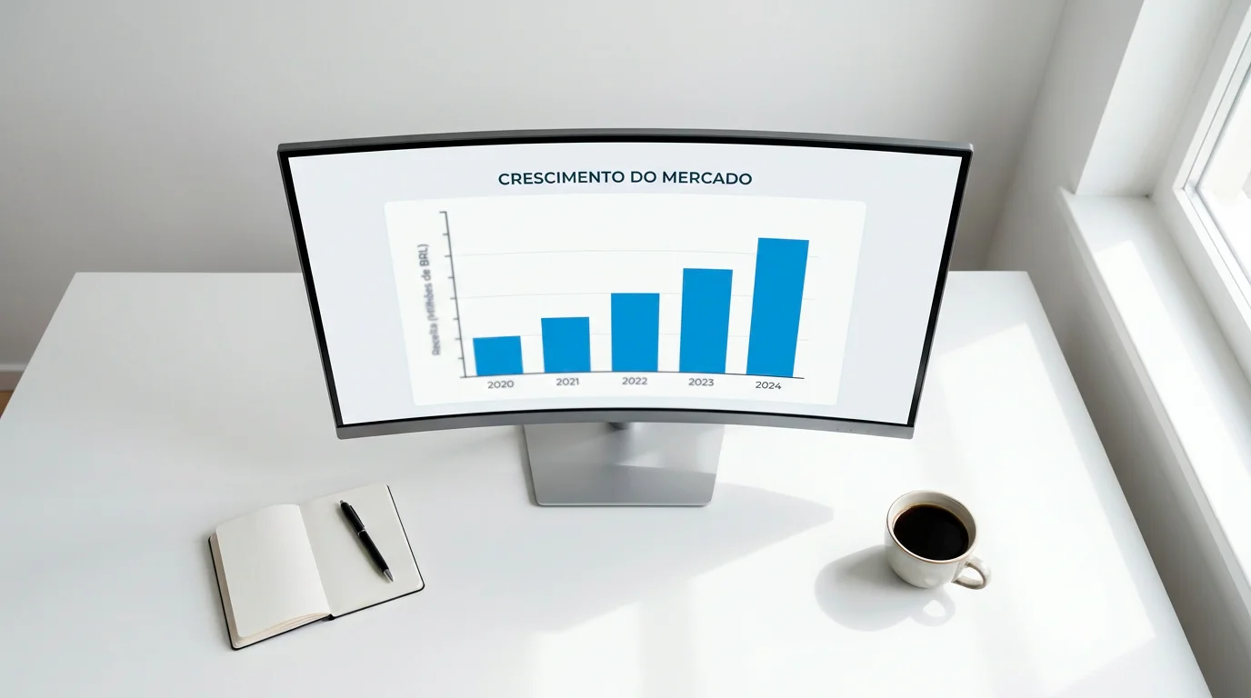 Grafico de barras num ecra mostrando o crescimento do mercado global de apostas com criptomoedas de 2019 a 2024