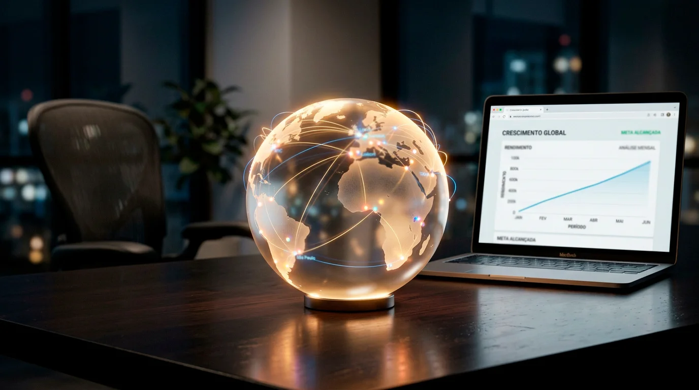 Globo terrestre iluminado com pontos de conexão representando o mercado global de apostas cripto