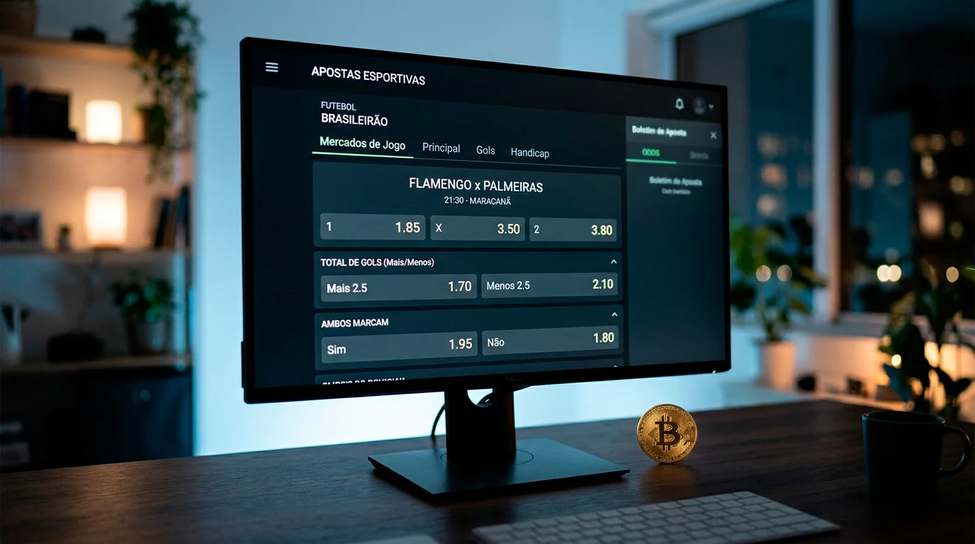 Ecrã com odds de apostas desportivas e símbolo de Bitcoin ao lado