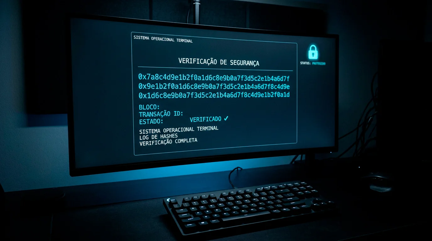 Ecra de computador com codigo hash e simbolo de cadeado, representando a verificacao provably fair em apostas blockchain
