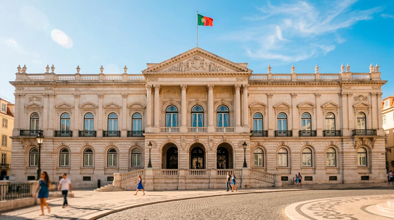 Edificio governamental portugues com a bandeira de Portugal, simbolizando a regulacao do SRIJ sobre apostas online
