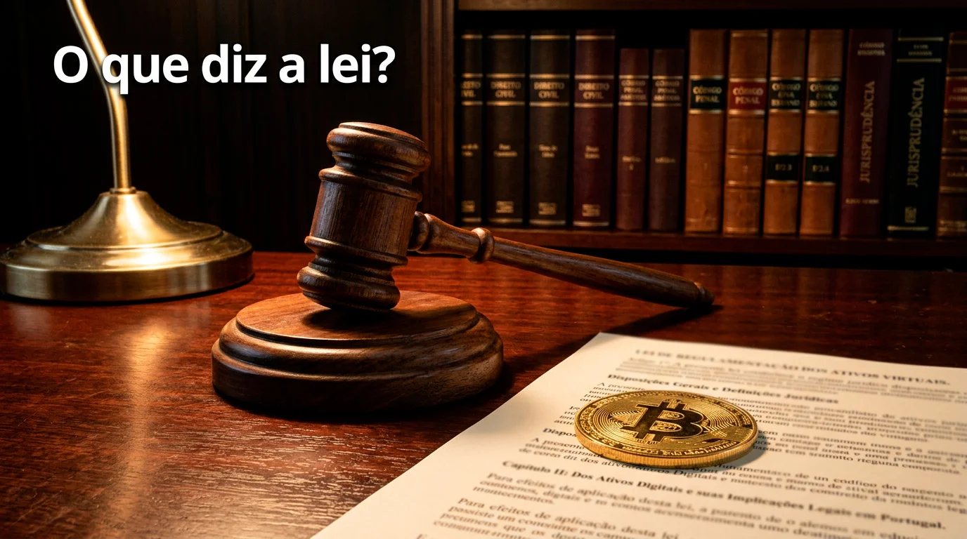 Martelo de juiz sobre uma mesa ao lado de uma moeda de Bitcoin, representando a regulamentação das apostas cripto