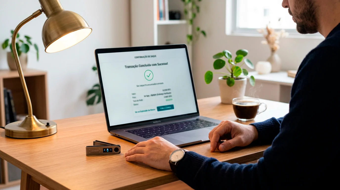 Pessoa a transferir criptomoedas de uma plataforma de apostas para uma carteira pessoal