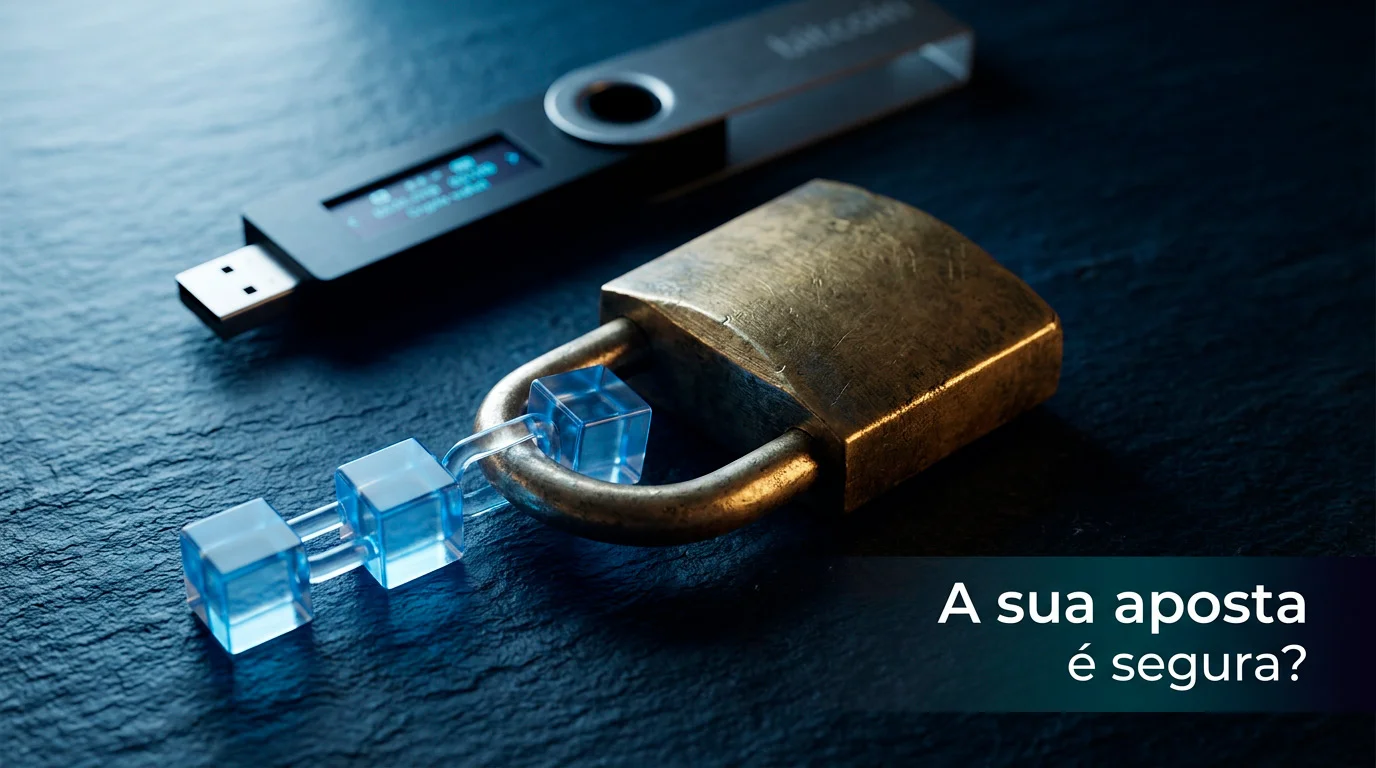 Cadeado digital sobre um bloco de blockchain iluminado, simbolizando a segurança nas apostas com criptomoedas