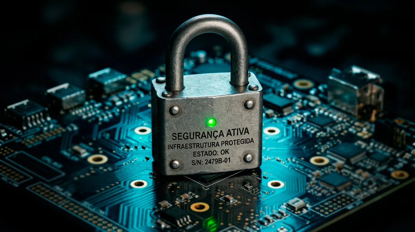 Cadeado digital sobre circuito eletrónico representando segurança blockchain