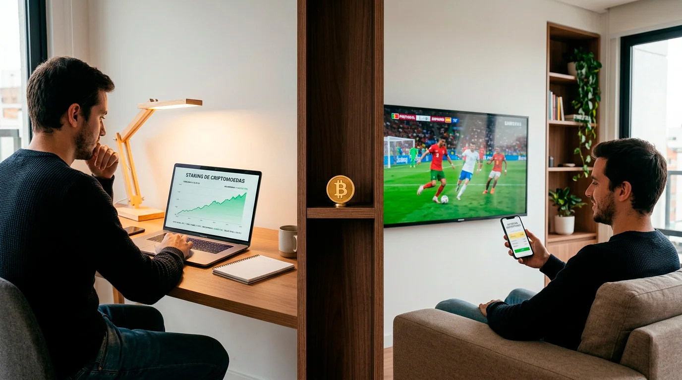 Comparação visual entre staking de criptomoedas e apostas desportivas com Bitcoin