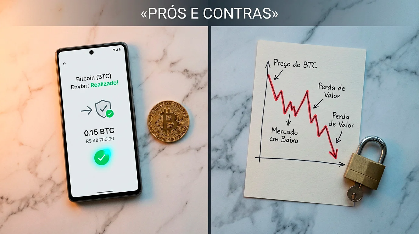 Balança com uma moeda de Bitcoin de um lado e um símbolo de euro do outro, ilustrando prós e contras das apostas cripto
