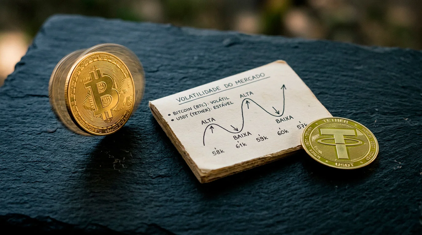 Gráfico de preço de Bitcoin oscilante ao lado de uma moeda USDT estável